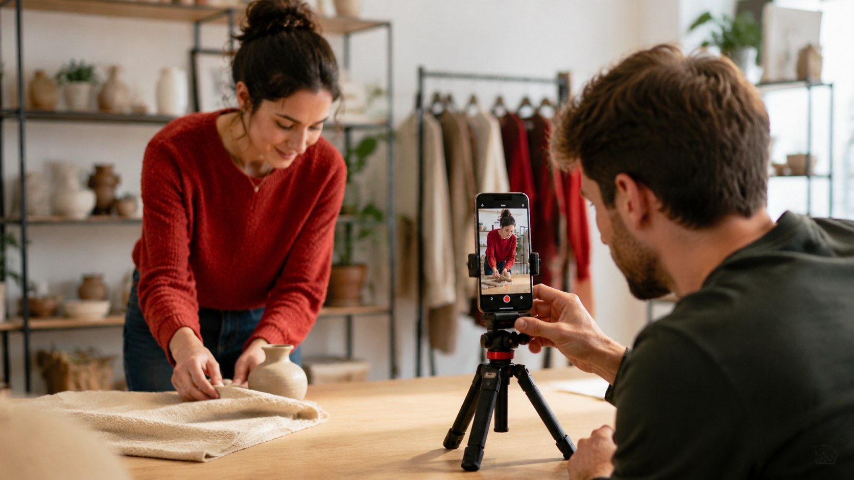 Creativa in maglione rosso ripresa con smartphone su cavalletto in uno studio con ceramiche, per la produzione di reel e contenuti social