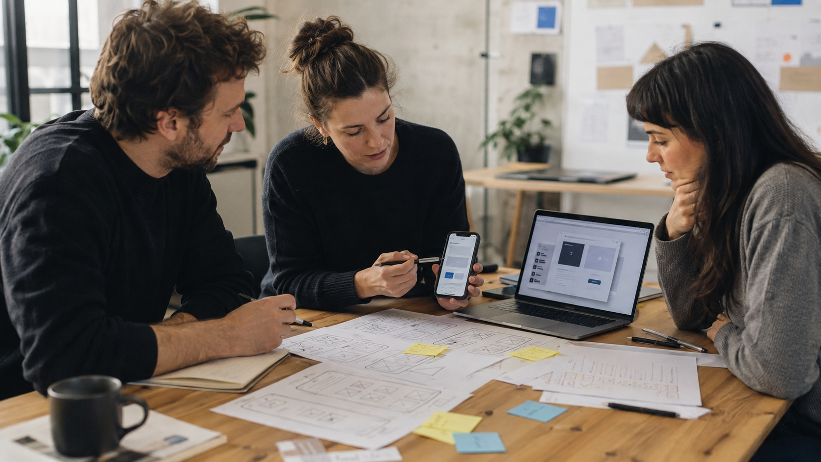 Team che collabora a un progetto di design tra wireframe cartacei, smartphone e portatile
