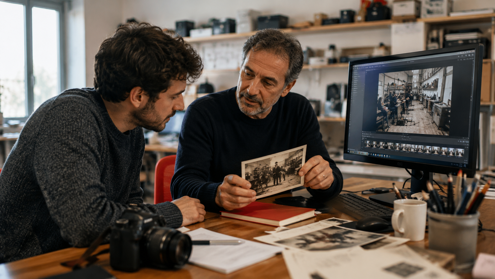 Due professionisti in studio creativo esaminano una fotografia d'epoca al computer, tra attrezzatura fotografica e archivi cartacei