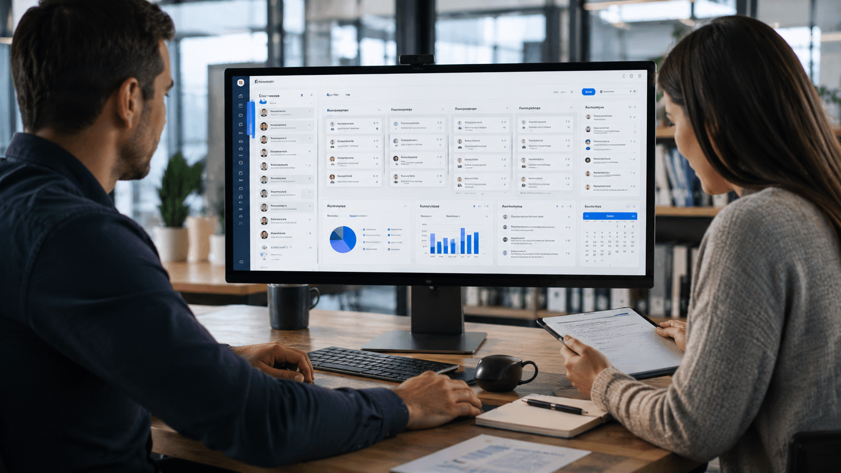 Due professionisti analizzano un CRM con grafici e liste clienti su un ampio monitor in ufficio