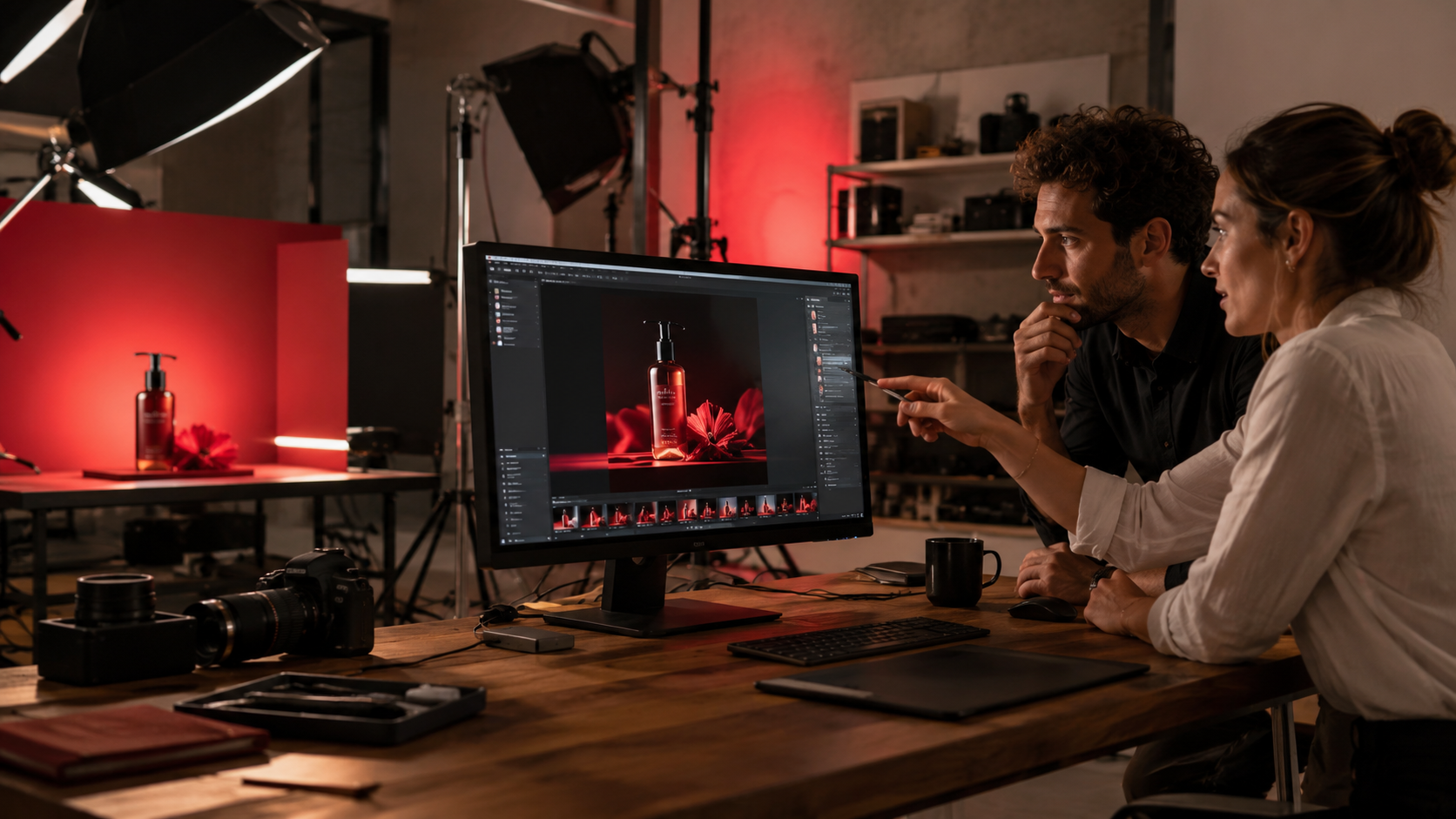 Studio fotografico professionale con set rosso, attrezzatura e monitor per la post-produzione di spot pubblicitari