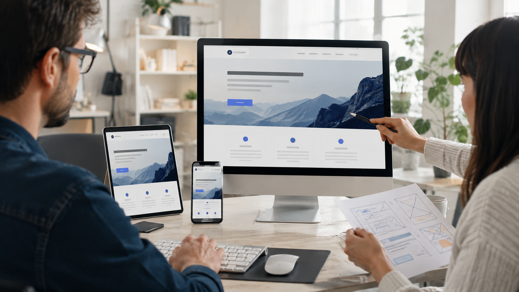Donna e uomo che collaborano a un progetto web design in studio luminoso tra monitor, tablet, smartphone e wireframe cartacei