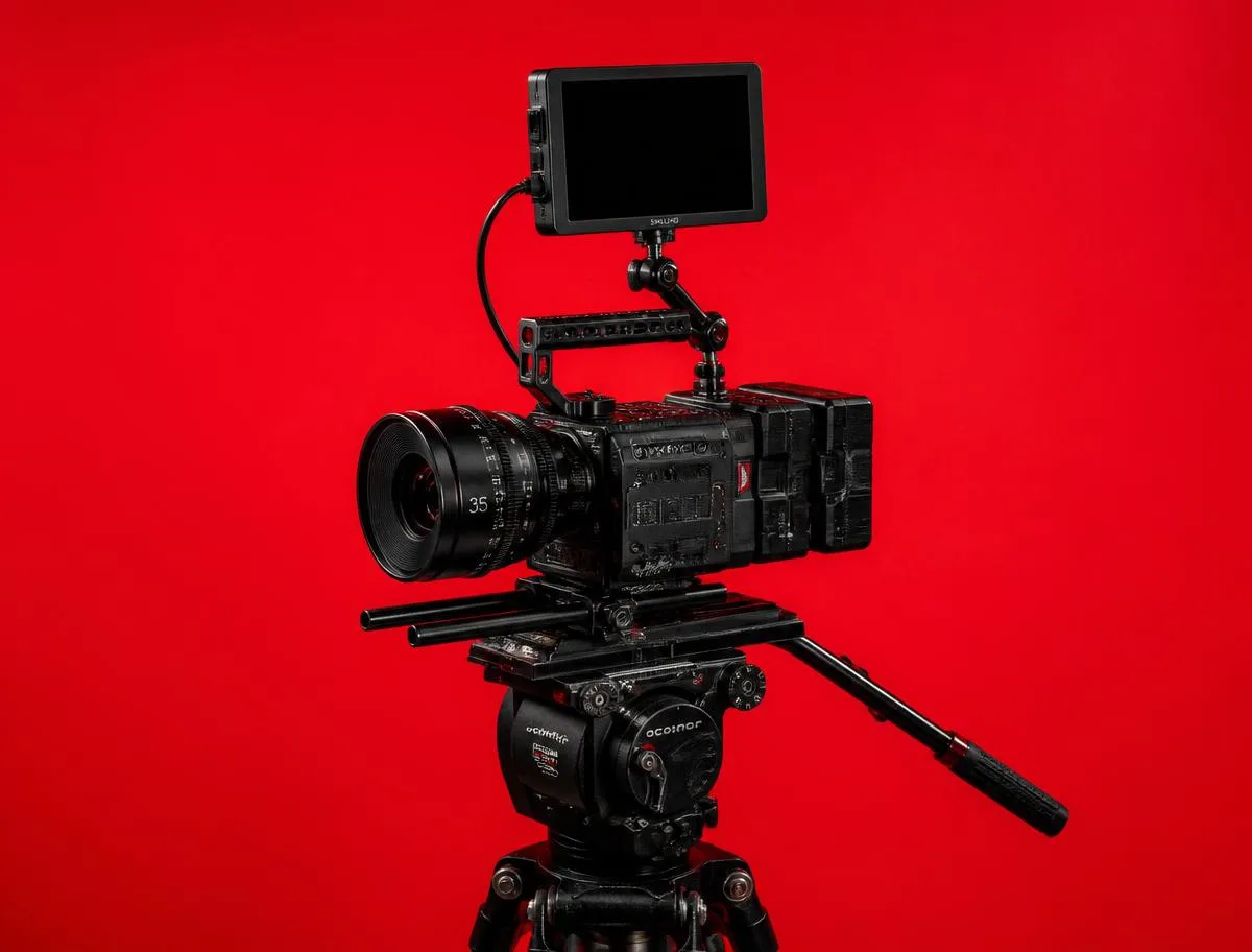 Videocamera cinematografica professionale su fondo rosso