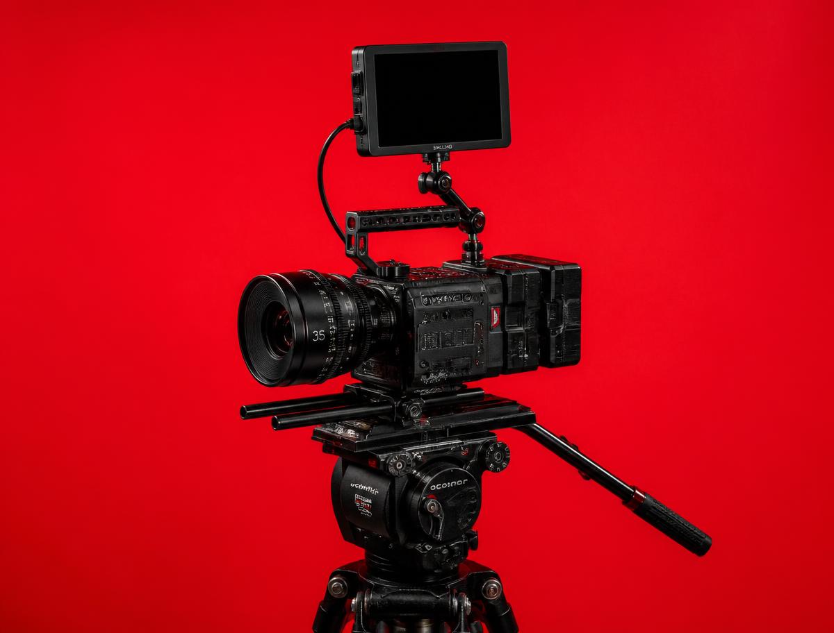 Videocamera cinematografica professionale su fondo rosso