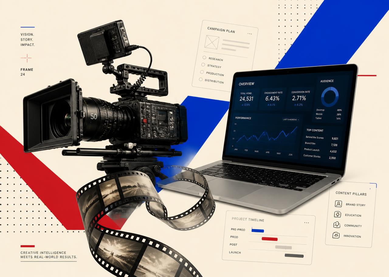 Camera cinematografica, pellicola, laptop e interfacce digitali