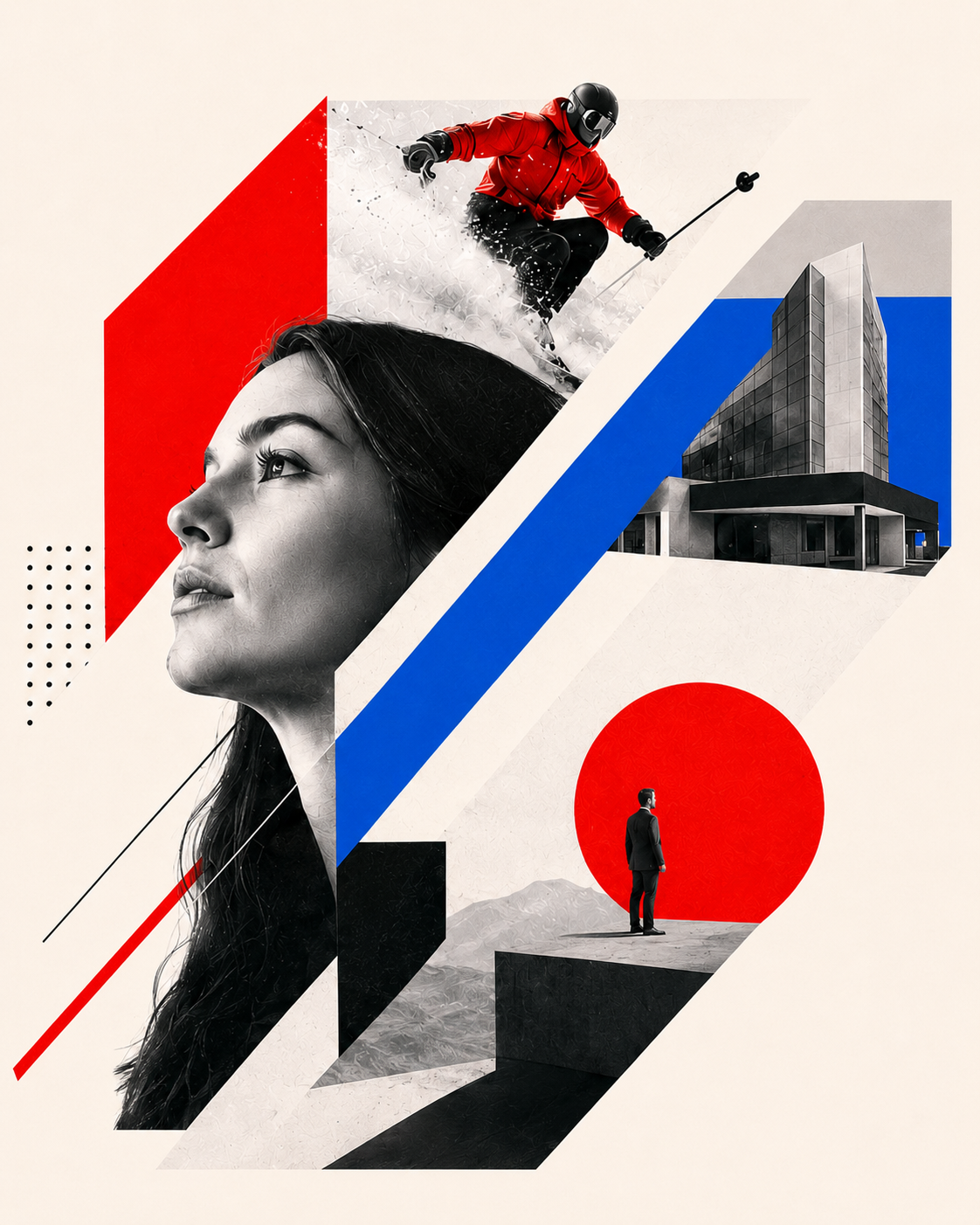 Collage editoriale: volto femminile, sciatore, architettura contemporanea e geometrie rosse e blu