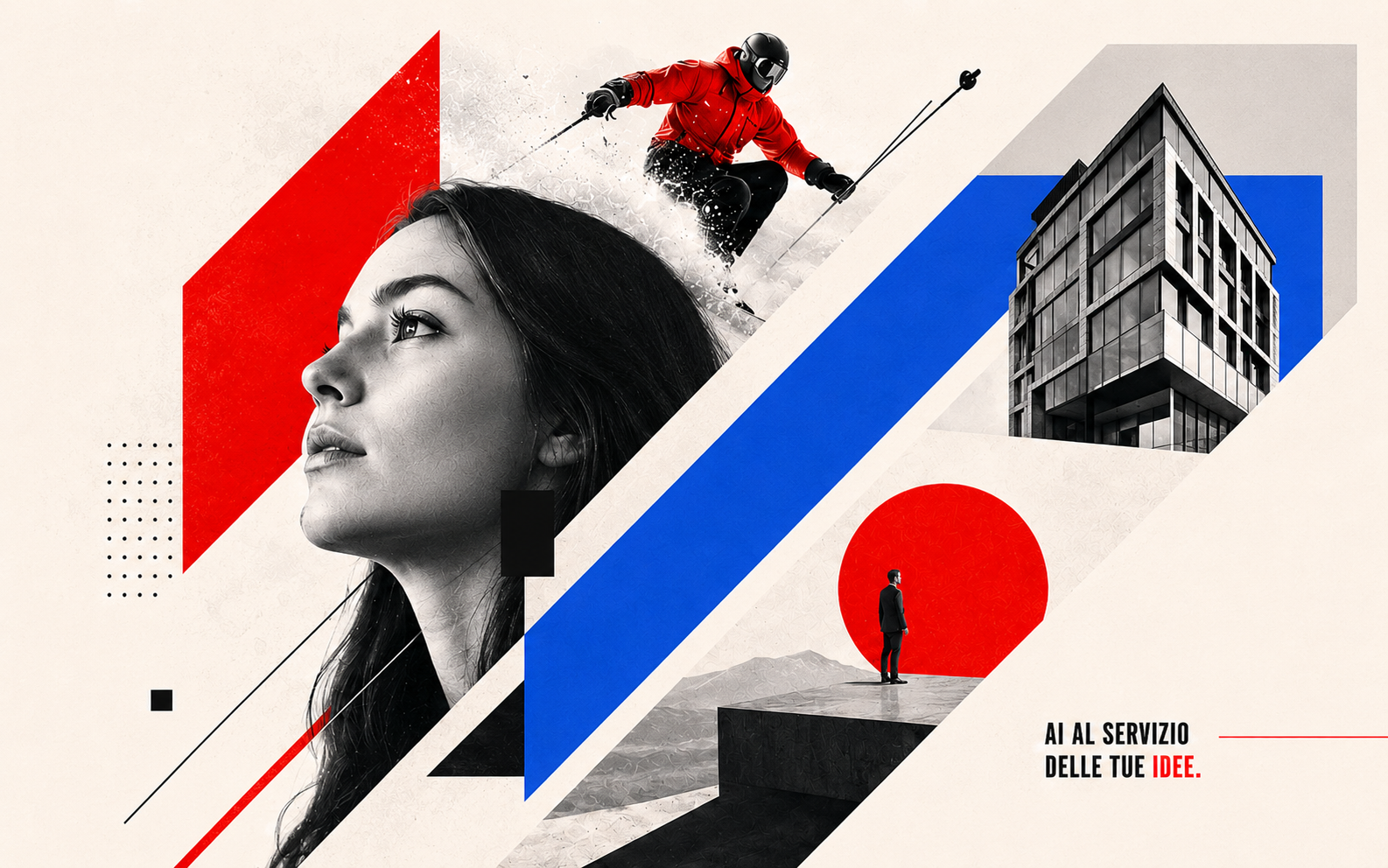 Collage editoriale: volto femminile, sciatore, architettura contemporanea, uomo davanti al cerchio rosso